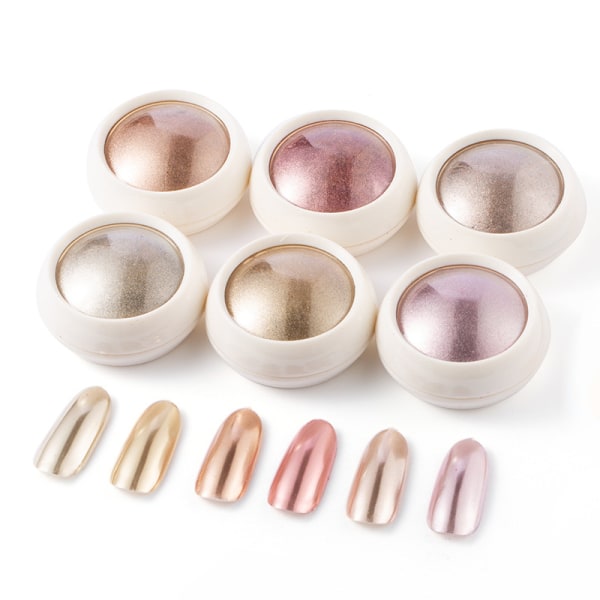 6 Box roséguld nagelpulver, glänsande metallisk spegeleffekt, krom