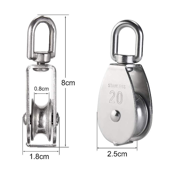 2 stycken M20 304 rostfritt stål enkel remskiva, 20mm enkel remskiva blockrulle, kran svängbar krok slät vajertråd replastning 77lbs/35kg