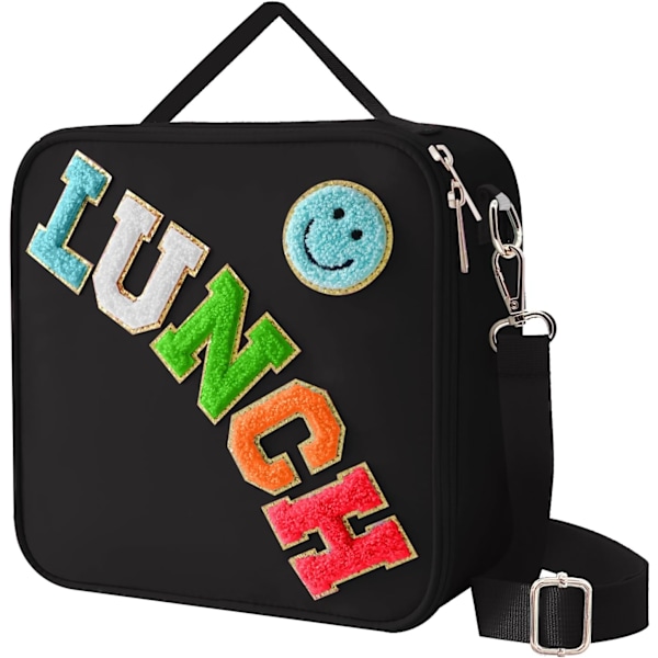 Isolerad Lunchväska med Justerbar Axelrem, Nylon Preppy Lunchbox Stor Återanvändbar Lunchväska med Leende