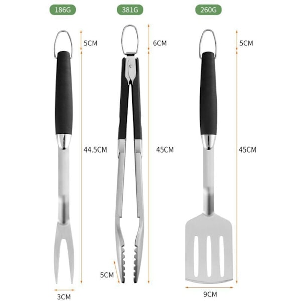 3-delt grilltilbehørsett, grilltang, stekespade og gaffel