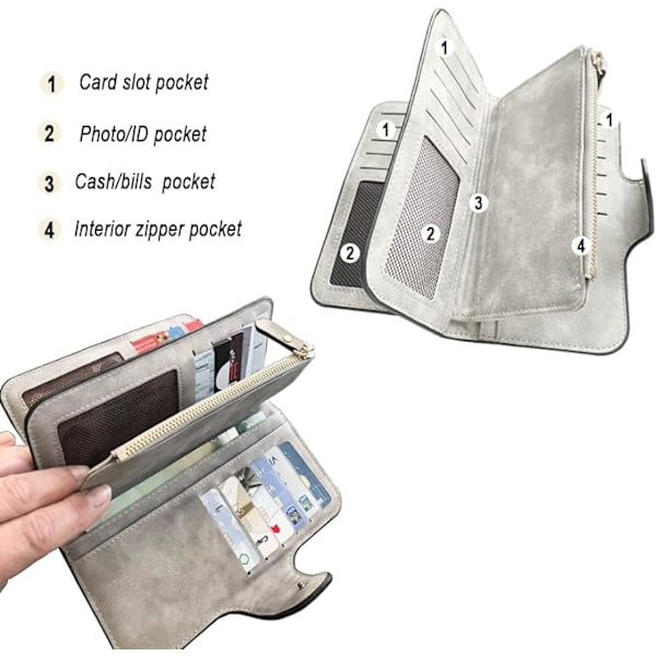 1 Stycke Grå Damplånbok, Damväska, PU-Läder Clutch