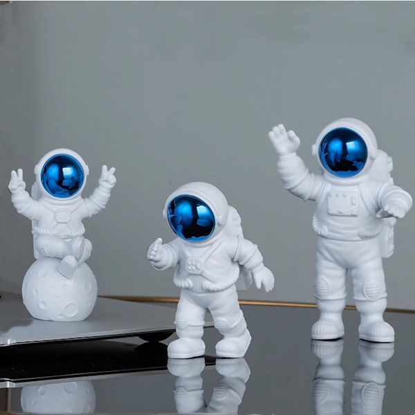 Blåvita astronautstatyer set om 3, rymdskulpturfigurer