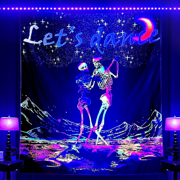 Blacklight Dancing Skeleton Lovers Tapestry, Glow In The Skull Dark Poster Wall Hanging for Bedroom Dorm Party Backdrop Decor,Dancing Skeleton