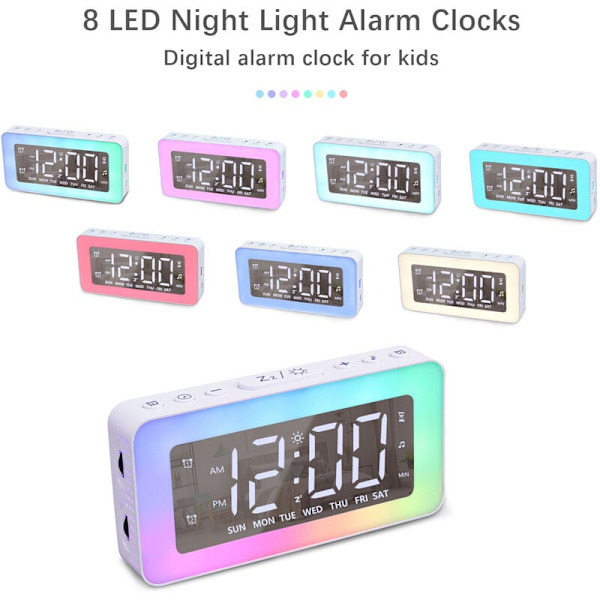 Digital väckarklocka med ljus, timer, 8 vitt brus, väckarklocka