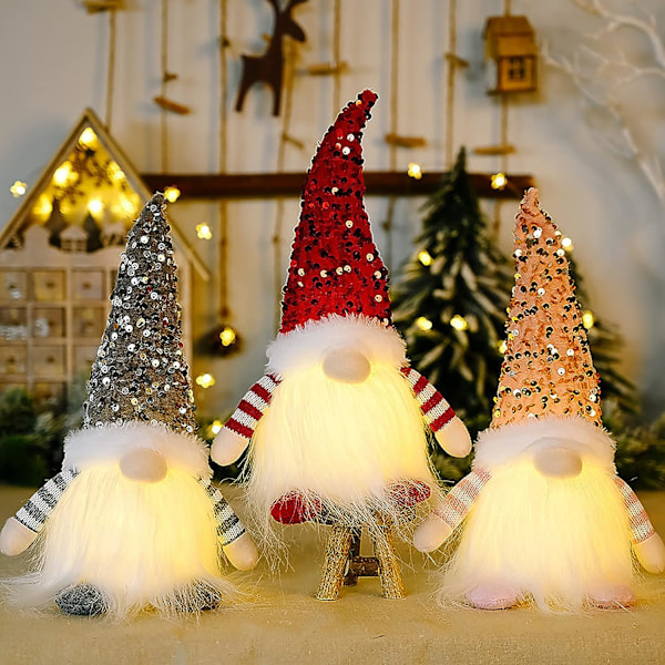 3 Jule-nisser med Sequins og Lys, 11,8 Tommer Håndlavede Svenske Julemandsnisse med Sequinhat, Juleelf