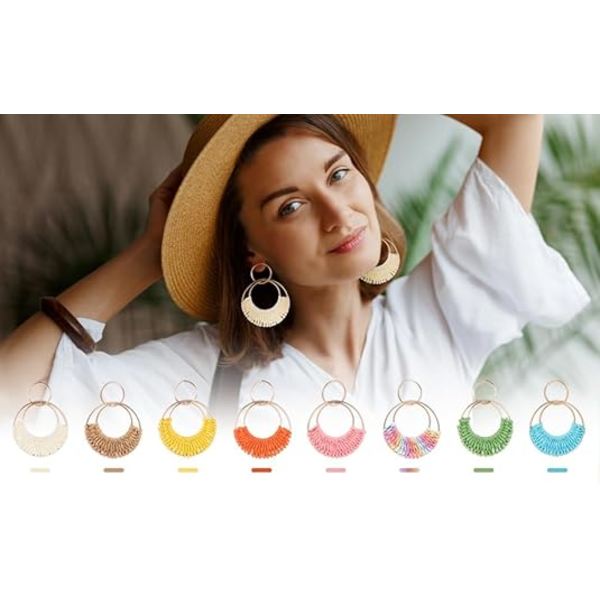 Rattanflettede øredobber Boho sommer Raffia Hoop Dangle øredobber Boh