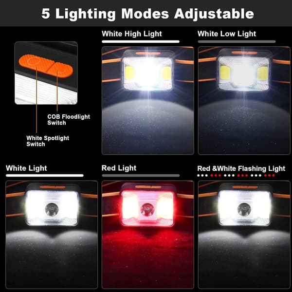 Hodelykt (2 stk), 1800 Lux LED-hodelykt med 5 lysinnstillinger