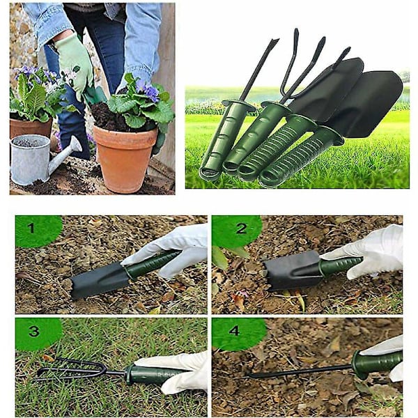 4 stk rustfritt stål hage verktøy sett mini hage sett rust verktøy le for blomsterpotte planting, rustfritt stål hage sett inkludert luke, rive