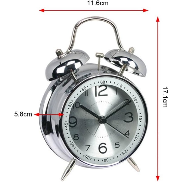 4-tums väckarklocka i metall med dubbelklocka vid sängen Lätt att ställa in högt batteri