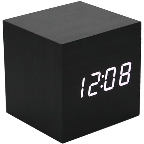 Puinen herätyskello - Mini Cube LED digitaalinen kello musta_valkoinen