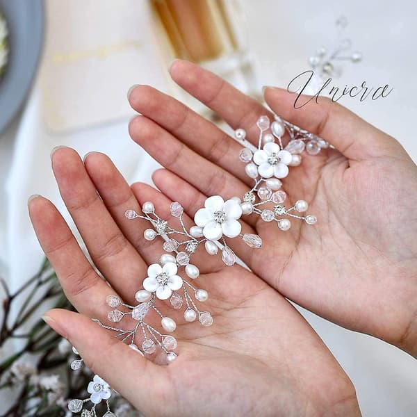Brud Bryllup Hår Vine Blomster Hår Tilbehør Hodebånd Krystall Brud Hodeplagg for Kvinner og Jenter (Sølv)