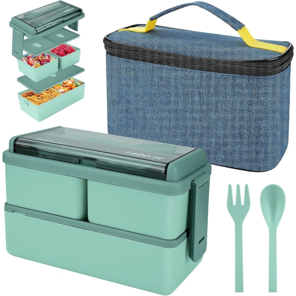 1400 ml Lunchbox med 3 fack (Grön) - 2-lagers Bentobox