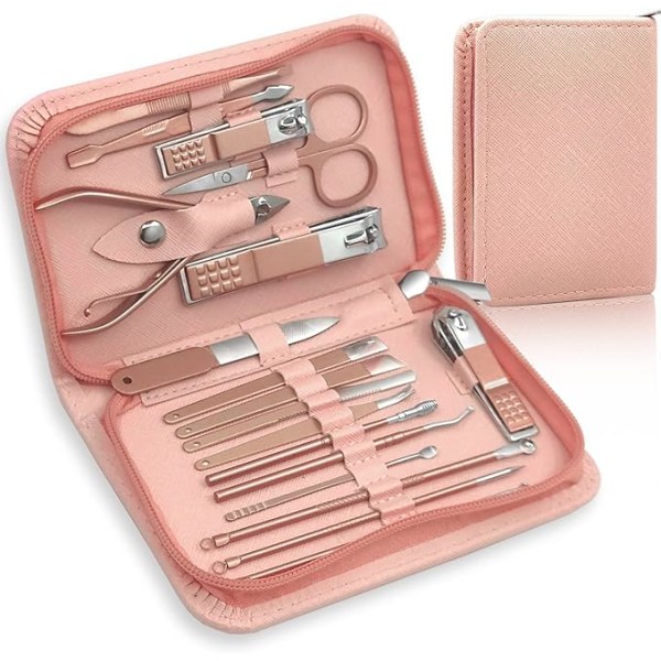 1 set of pink 18 pieces nail set professional nail clipper set