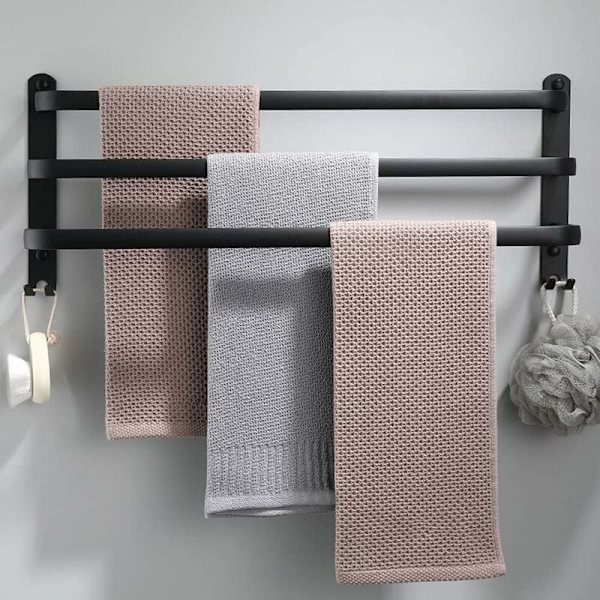 Alumiininen seinälle kiinnitettävä pyyheteline, 3-kerroksinen pyyheteline koukuilla, 50 cm