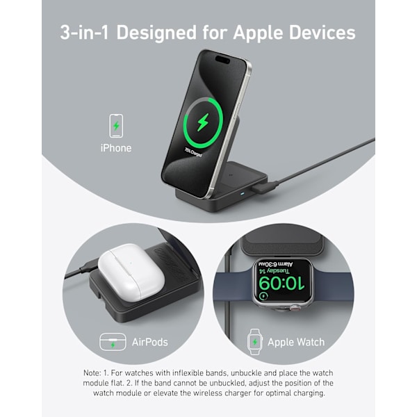 MagGo 3-i-1 Laddningsstation för iPhone 16, MagSafe-kompatibel Trådlös Laddningsställ, Qi2-Certifierad 15W Vikbar Laddare