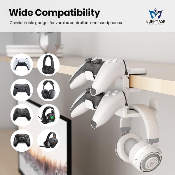 3-i-1 PC Gaming Headset & Controller Holder -  Hovedetelefon Stativ med Justerbar Klemme & 2 Controller Holder & Roterende Arm & C