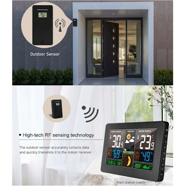 Vejrstation Termometer Hygrometer Barometer Indendørs Udendørs med Sensor LED-skærm, Baggrundsbelyst Digital Ur Visning Tid Dato Dag Månefase (Sort)