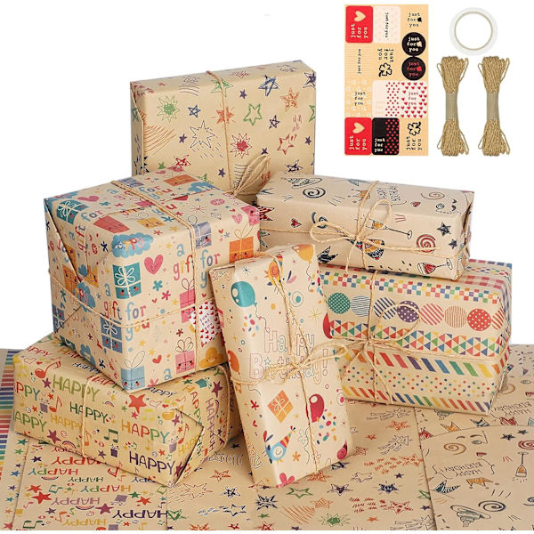 Kraft Gavepapir, 6 stk 50 * 70 CM Brun Papir Gaveinnpakning,