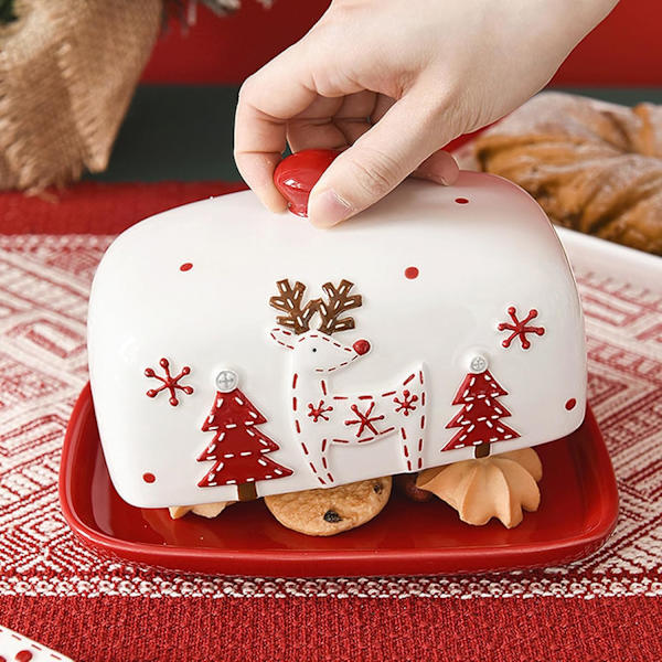 Jul Keramik Smörburk med Lock för Bänkskivan Julgran Rensa Smörhållare Täckta Smörhållare Behållare