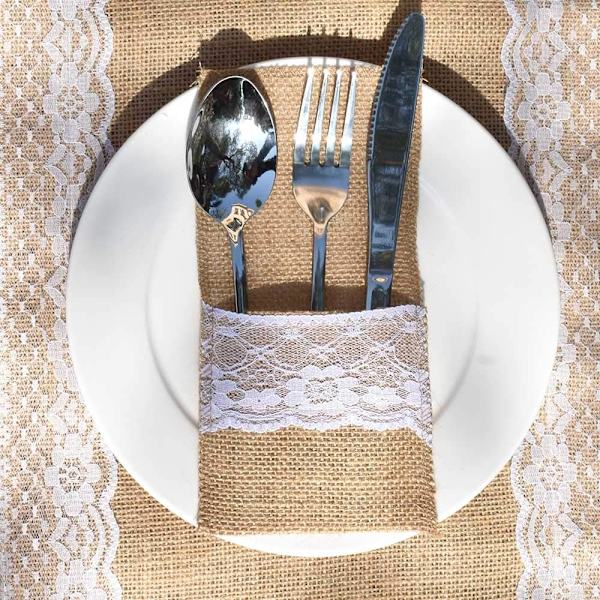 20 kpl pitsi-burlap-aterimienpidikkeitä - aterimille, veitsille ja