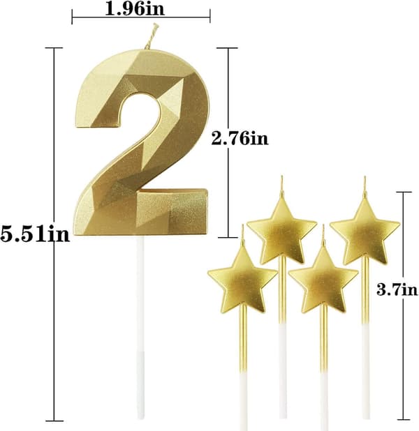 Gylne nummer 2 bursdagslyset og stjernebursdagslyset 2,76 tommer bursdagskake lys 3d diamantformede lys er egnet for bursdagsfester