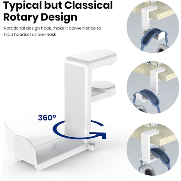 Roterende Hovedtelefon Stativ - PC Gaming Hovedtelefon Stativ, Justerbar Klemme-på Hovedtelefon Holder, Hovedtelefon Hængekrog Under