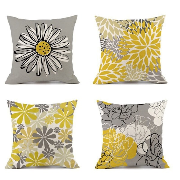 Set med 4 putetrekk, blomsterputetrekk for sofa hjem stue R