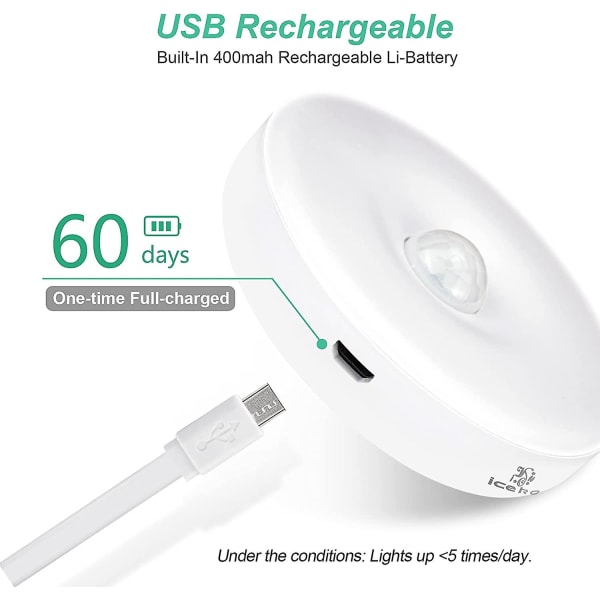 Automatisk LED-nattlys, bevegelsessensorlampe innendørs, trådløse LED-lamper, 3 moduser (auto/på/av), LED-skaplampe, oppladbar USB-lampe