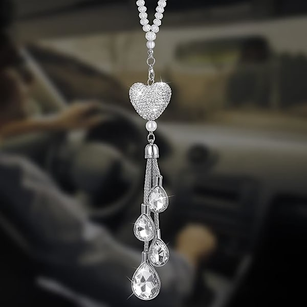 Bil Bakspeil Hengende Tilbehør Rhinestone Hjerteformet Bilinteriør Lykkeamulett Anheng Dekorasjon for Kvinner