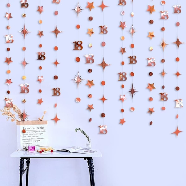 Rose Gold 18-vuotis syntymäpäiväkoristeet Numero 18 Ympyrä Pisteet Kimaltava Tähti Garland Streamer Metalli Riippuva Bunti