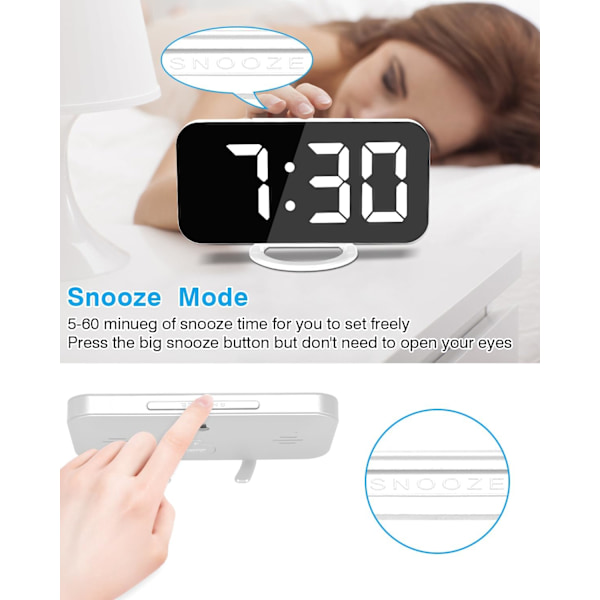 Digital väckarklocka, 6,3 tum LED-spegel elektroniska klockor, med 2 USB-laddningsportar, snooze-läge, automatisk justering av ljusstyrka