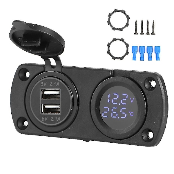 12V dobbel USB-billader med temperaturdisplay og voltmeter