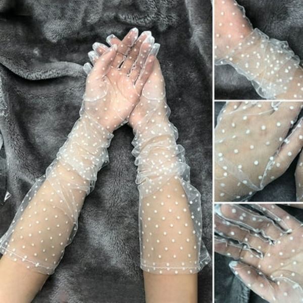1 par Dam Solskydd Full Finger Förlovning Korta Tulle Handskar