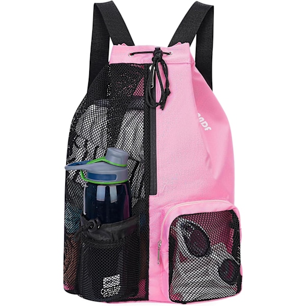 Svømmebag Mesh Drawstring Ryggsekk med Våt Lomme for Svømming, Trening og Treningsutstyr (Rosa)