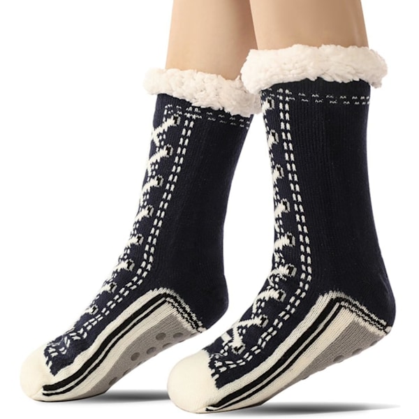 Sjove Gave Grafisk Slippersokker til Kvinder Antislip Sokker Cozy Tyk Fuzzy Sokker Varme Vinter Jul (Mørkeblå) M