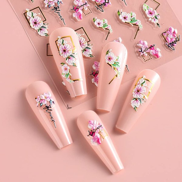 3D-präglad blomma och blad nageldekalstickers, 5D-lim