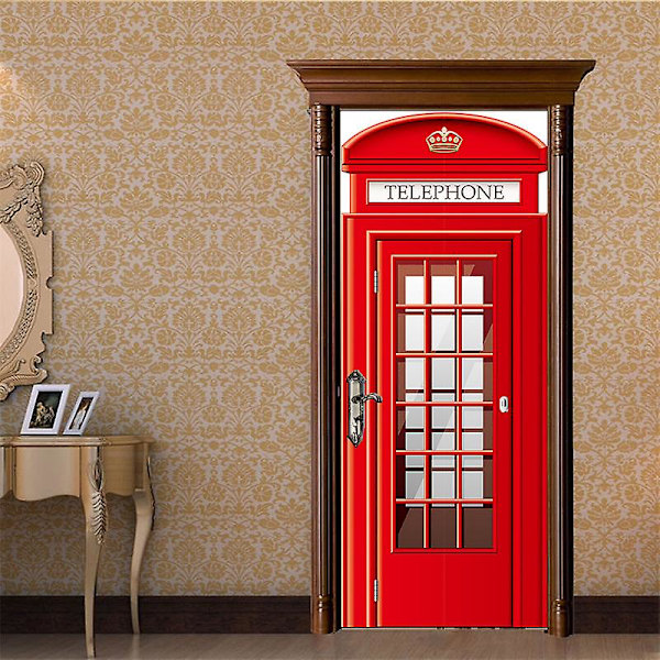 Röd telefonkiosk 77x200cm 3D dörrklistermärke vinkällare foto väggmålning Trompe l'oeil väggklistermärken PVC vattentät tapet för sovrum badrum kök Dec