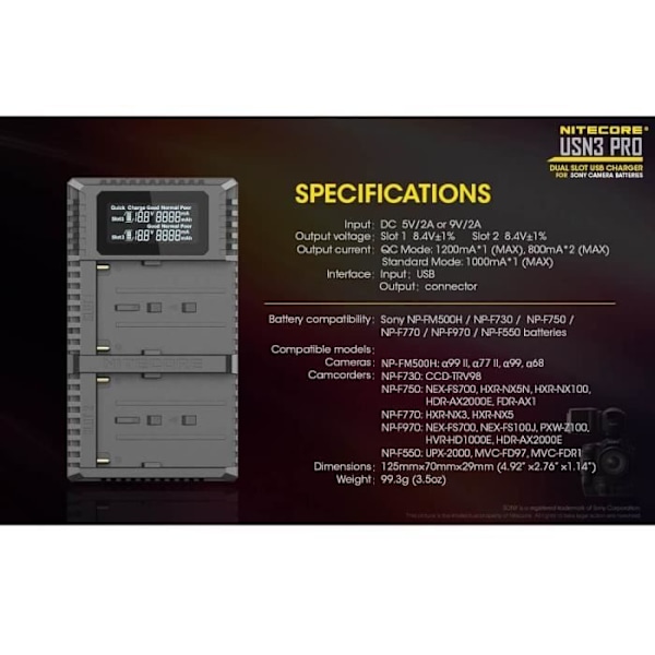 Dobbelt oplader Nitecore USN3 PRO - Sony NP-F - Hurtigopladning - LCD-skærm - Intelligent system Svart