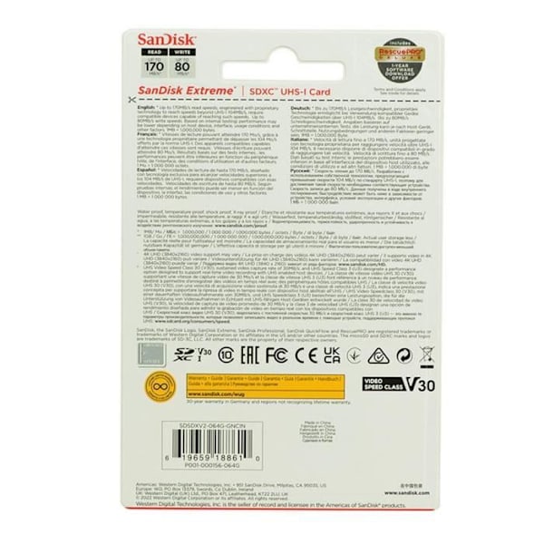 SDXC-muistikortti - SANDISK - Extreme 64GB - 170MB/S - 80MB/S - UHS-I Class 10 U3 V30