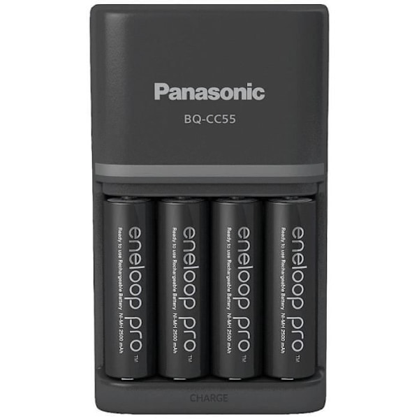 NiMH-laddare med Panasonic Smart & Quick BQ-CC55 +4x eneloop Pro AA-batterier Svart