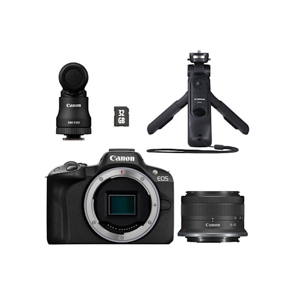Canon hybrid kamera kit Creator EOS R50 + RF-S 18-45mm f/4.5-6.3 IS STM + Mikro DM-E100 + Greb-stativ Sort