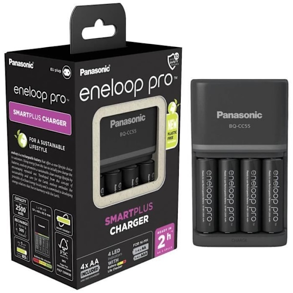 NiMH-laddare med Panasonic Smart & Quick BQ-CC55 +4x eneloop Pro AA-batterier