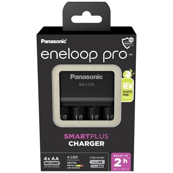 NiMH-laddare med Panasonic Smart & Quick BQ-CC55 +4x eneloop Pro AA-batterier