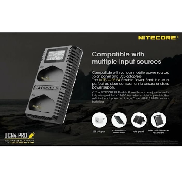 USB-oplader - Nitecore - UCN4 PRO - Kompatibel med Canon LP-E4 & LP-E4N - 1000 MA - LCD-skærm