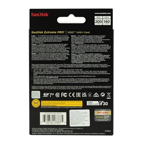 SD Hukommelseskort - Sandisk - Extreme Pro - 512Go - 200MB/s - UHS-I V30