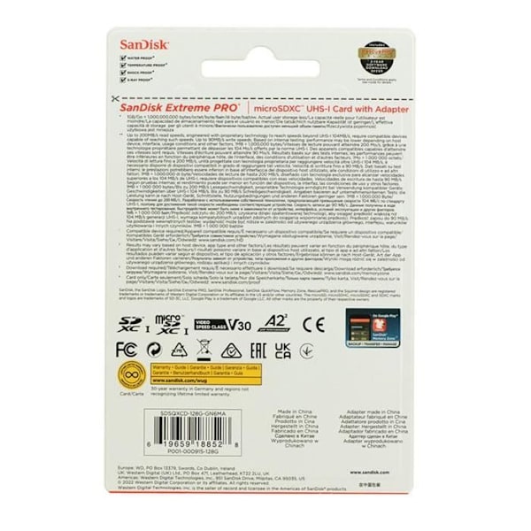 SanDisk Extreme Pro microSDXC 128GB Class 10 UHS-I U3 V30 200MB/S 90MB/S A2 C10 Muistikortti