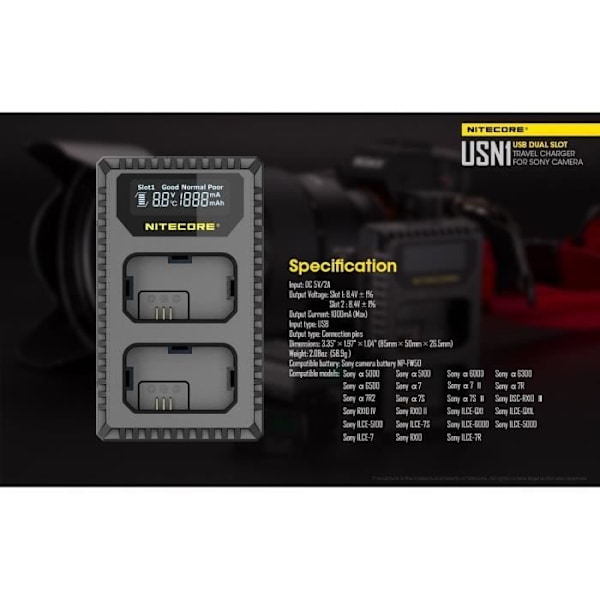 USB-oplader - Nitecore - USN1 - Dobbelt rum - Kompatibel med NP-FW50 - Intelligent styring