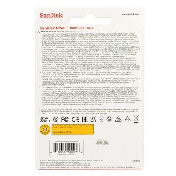 SDXC-kortti - SanDisk - Ultra - 64 Go - 140 Mo/s - UHS-I U1
