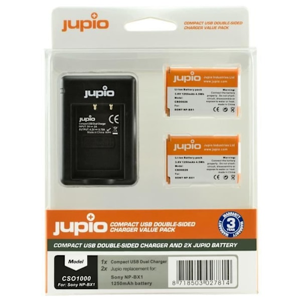 Jupio Kit: 2 x NP-BX1 1250mAh kamerabatteri + dubbla USB-laddare