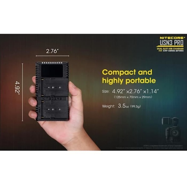 Dobbelt oplader Nitecore USN3 PRO - Sony NP-F - Hurtigopladning - LCD-skærm - Intelligent system Svart